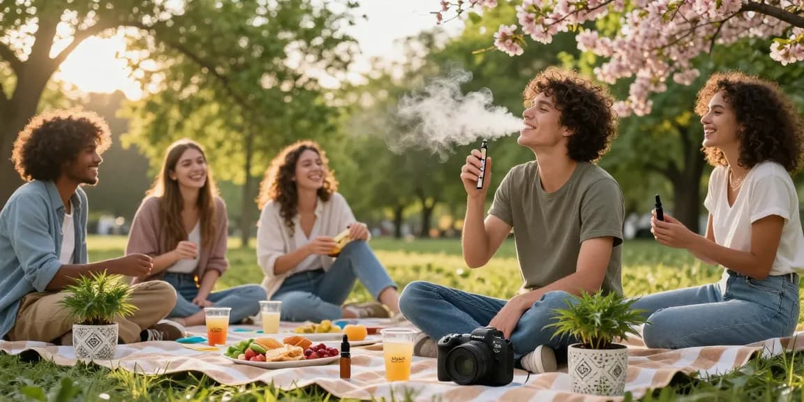Enjoying strong THC vapes UK in a lively park setting with friends, surrounded by natural wellness elements.