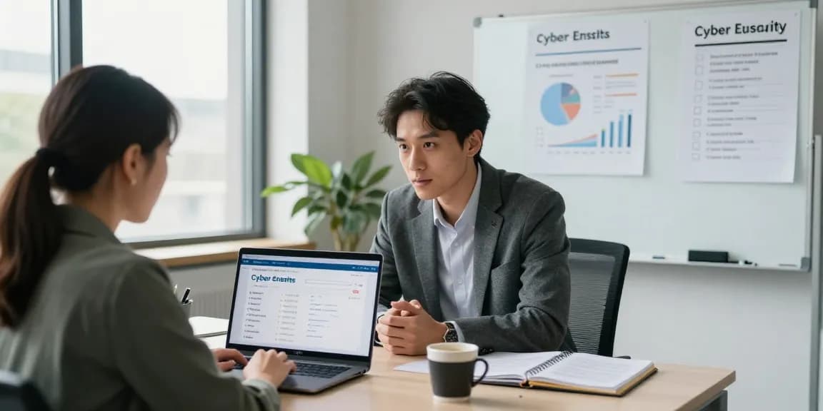 Business professionals discussing a cyber essentials quote during a certification meeting in a modern office.