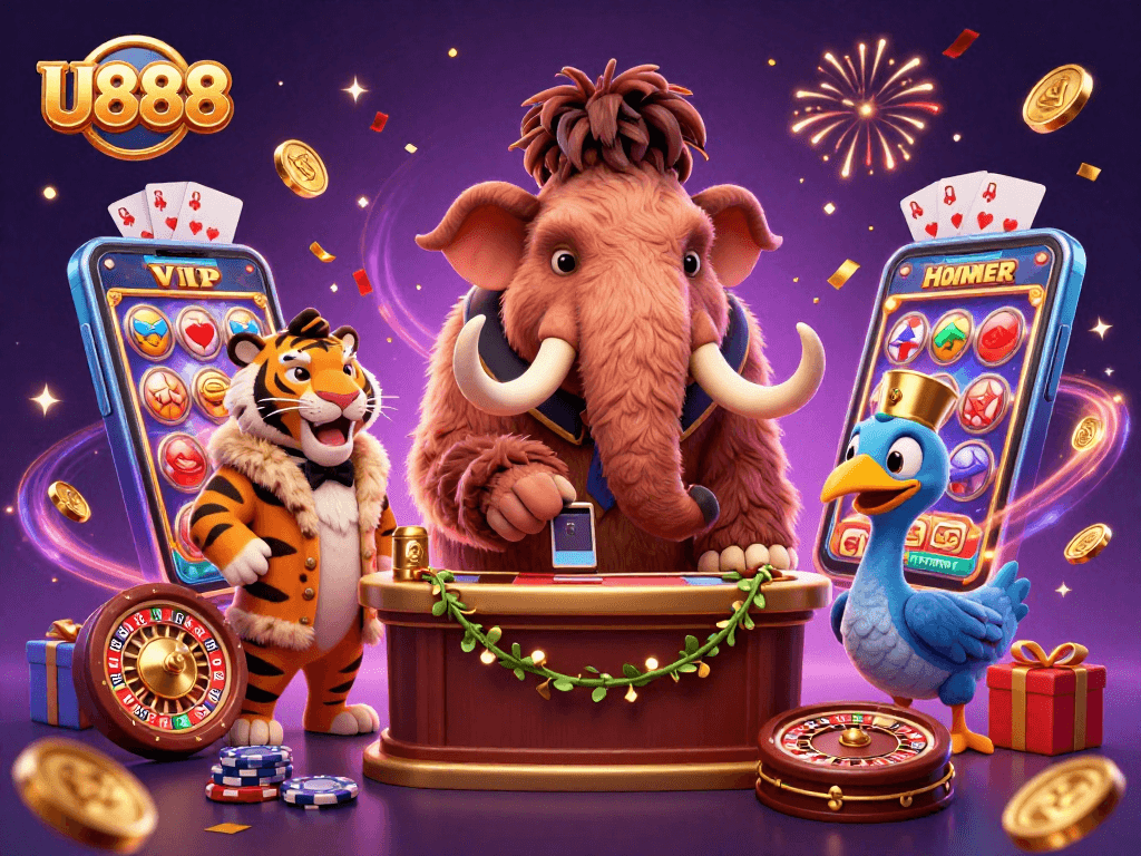 U888 welcomes players with a vibrant casino scene featuring a mammoth bouncer and a tiger guest.