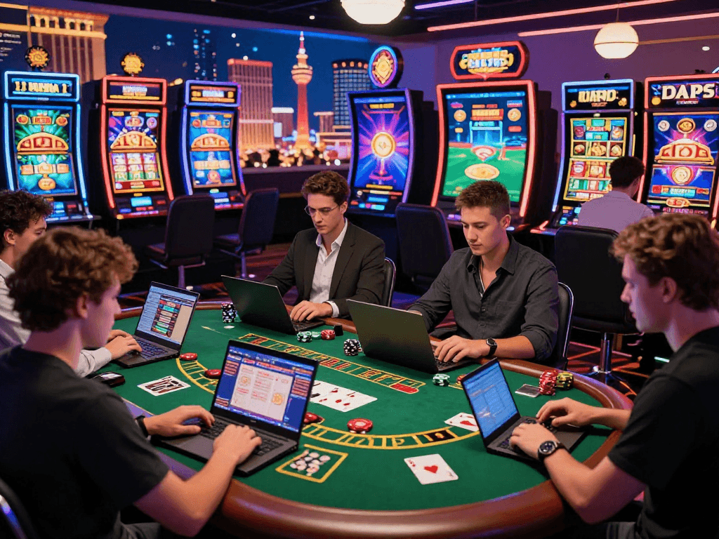 A diverse group of players enjoying exciting games at USA online casinos for UK players at https://aboutobo.com, showcasing a vibrant digital gaming atmosphere.
