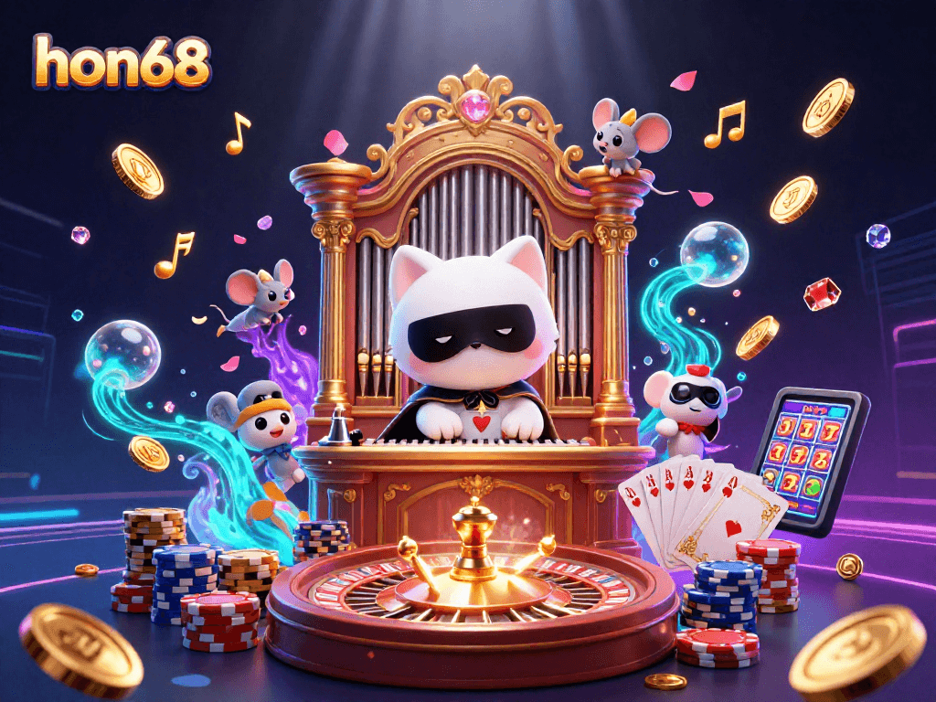 Experience the thrill of hon68 with animated casino characters amidst a dazzling game scene.