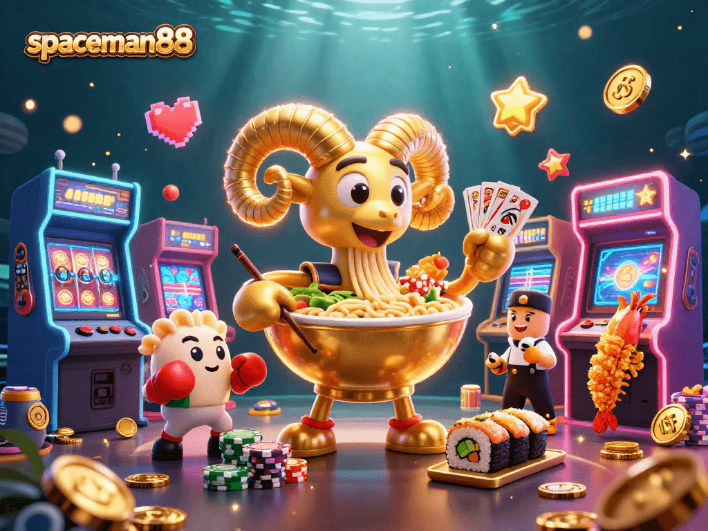 Experience excitement with spaceman88 as a golden ramen bowl deals cards amidst a vibrant casino scene.