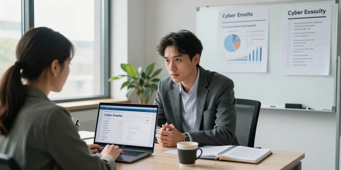 Business professionals discussing a cyber essentials quote during a certification meeting in a modern office.