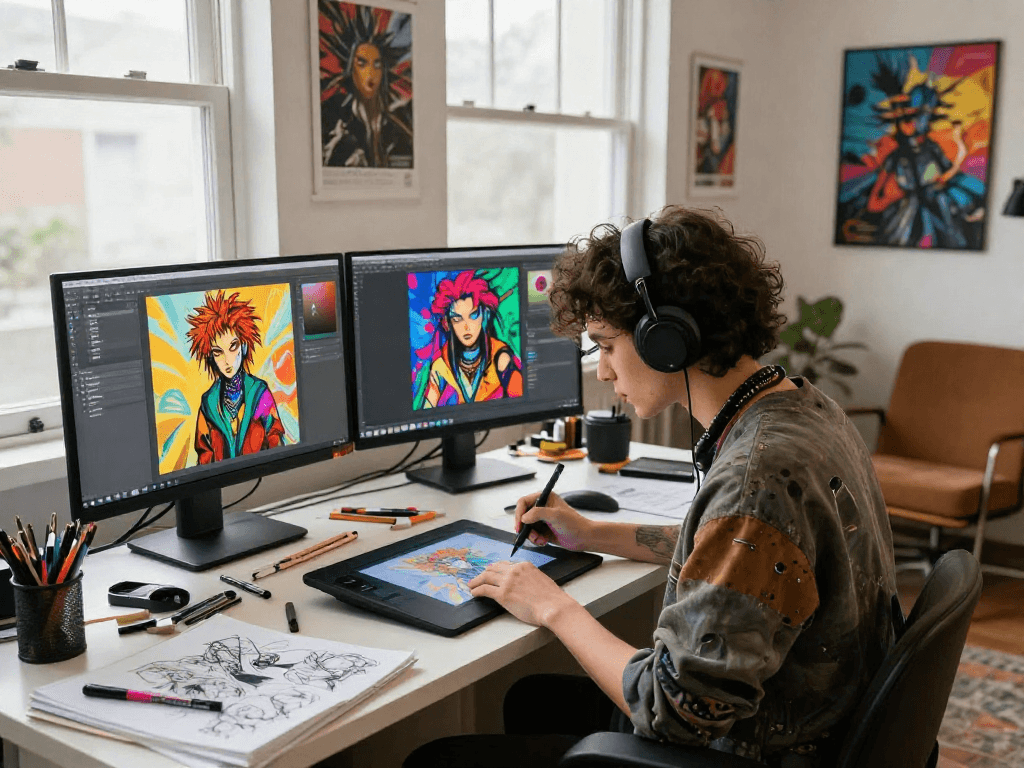 NSFW AI art creation in a vibrant digital studio with artist focused on graphics tablet.