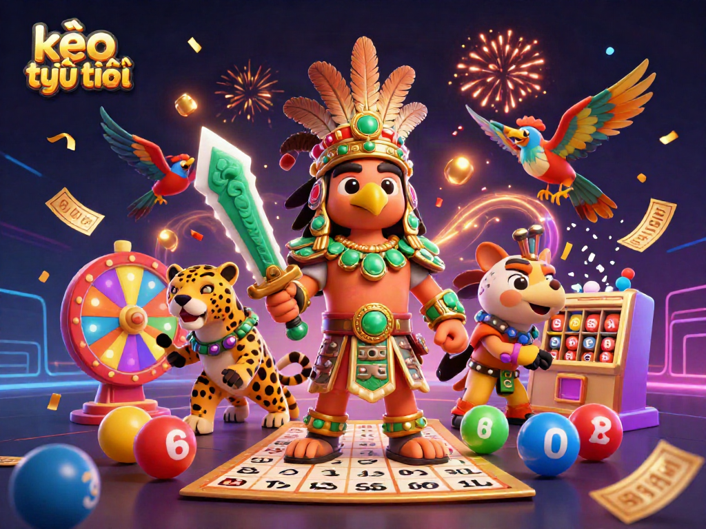 A vibrant 3D illustration showcasing kèo trực tuyến, featuring dynamic lottery elements and Aztec warriors celebrating wins.