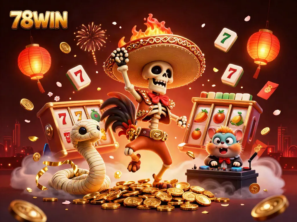 Experience excitement with 78WIN as a mariachi rooster celebrates on golden coins amidst dynamic casino elements.