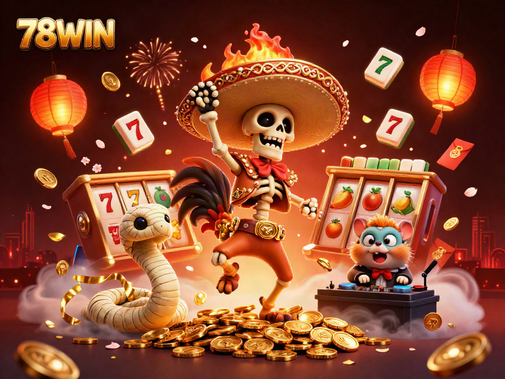 Experience excitement with 78WIN as a mariachi rooster celebrates on golden coins amidst dynamic casino elements.