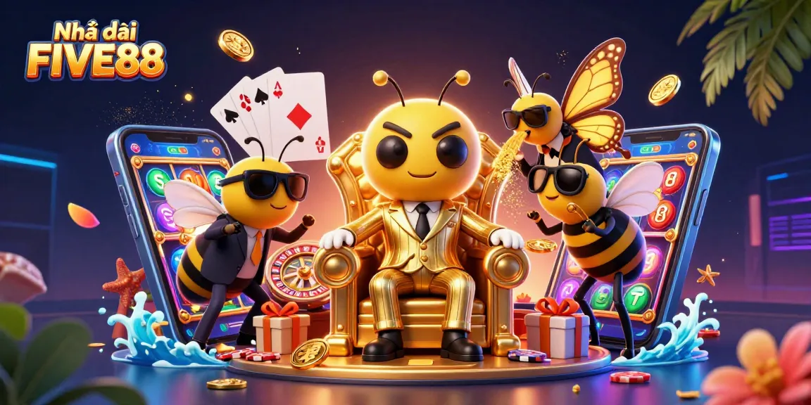 Experience the excitement of Nhà cái FIVE88 with a buzzing bumblebee mob boss in a dynamic casino scene.