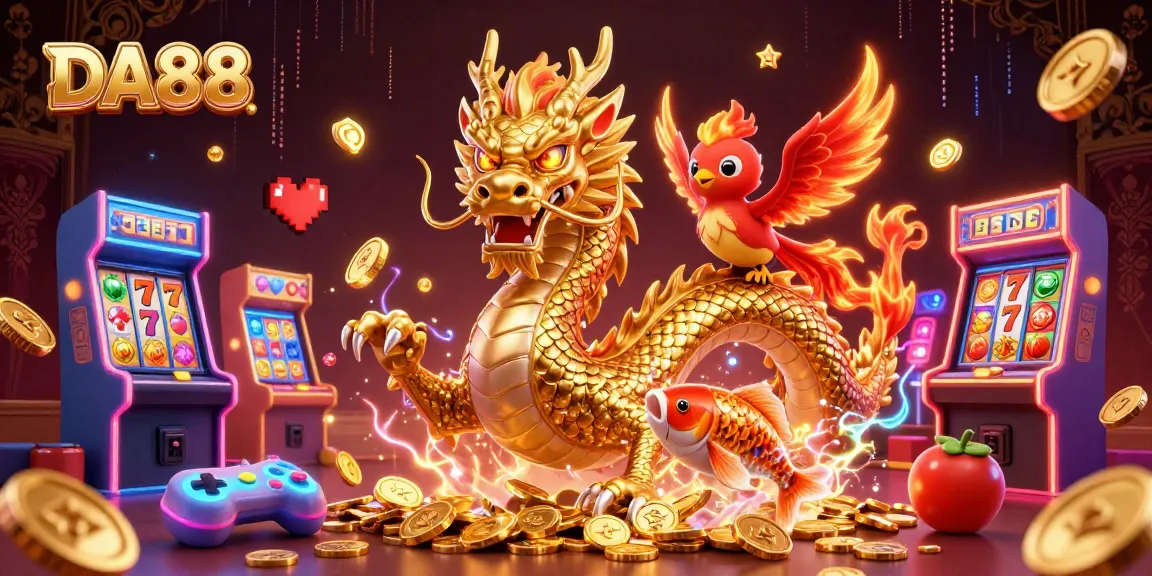 Experience thrilling action with DA88's fierce golden dragon and lucky symbols in a vibrant casino scene.