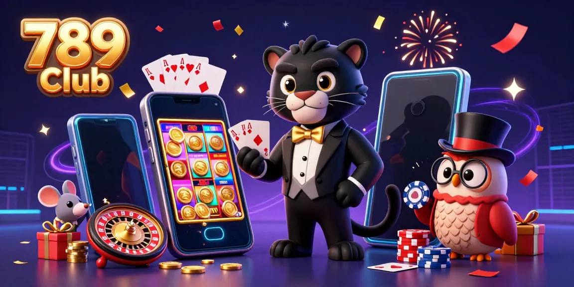 Experience the excitement of 789 Club with a panther dealing cards amidst dazzling casino elements.