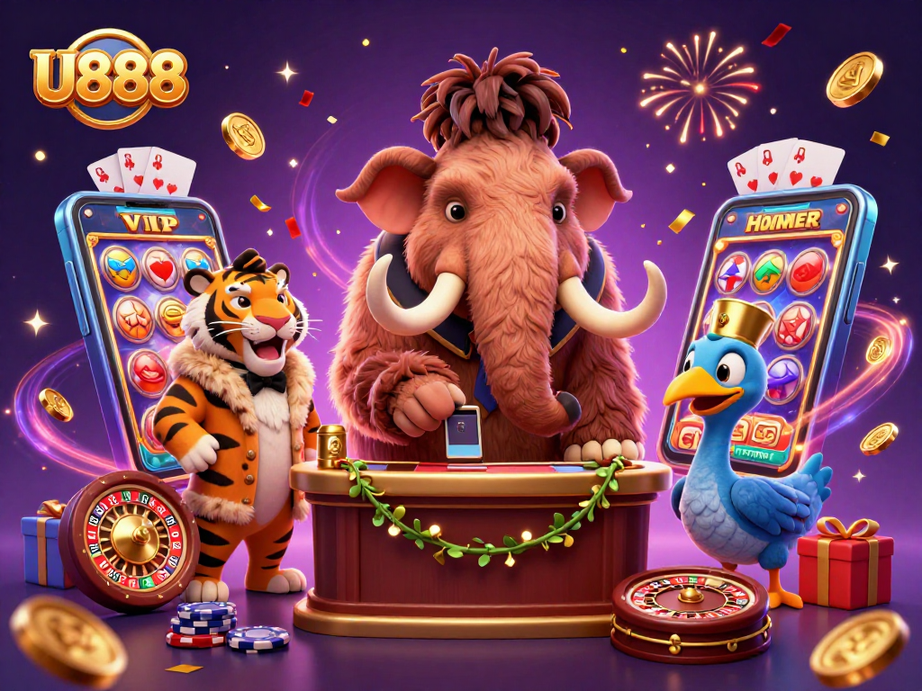 U888 welcomes players with a vibrant casino scene featuring a mammoth bouncer and a tiger guest.