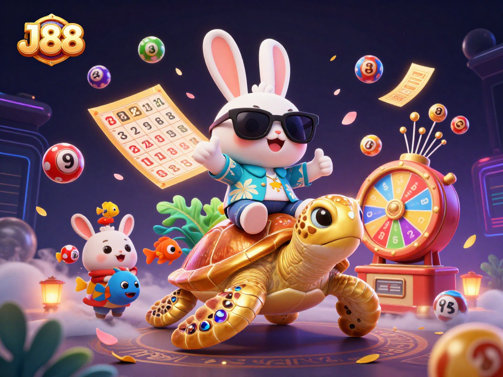 Experience thrilling gaming adventures with J88's vibrant and dynamic lottery scene, featuring fun characters.