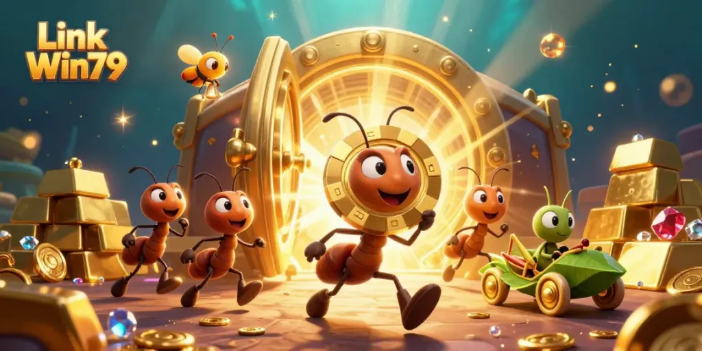 Link Win79 captures a team of ants in a thrilling heist, showcasing their golden poker chip amidst dazzling treasure.