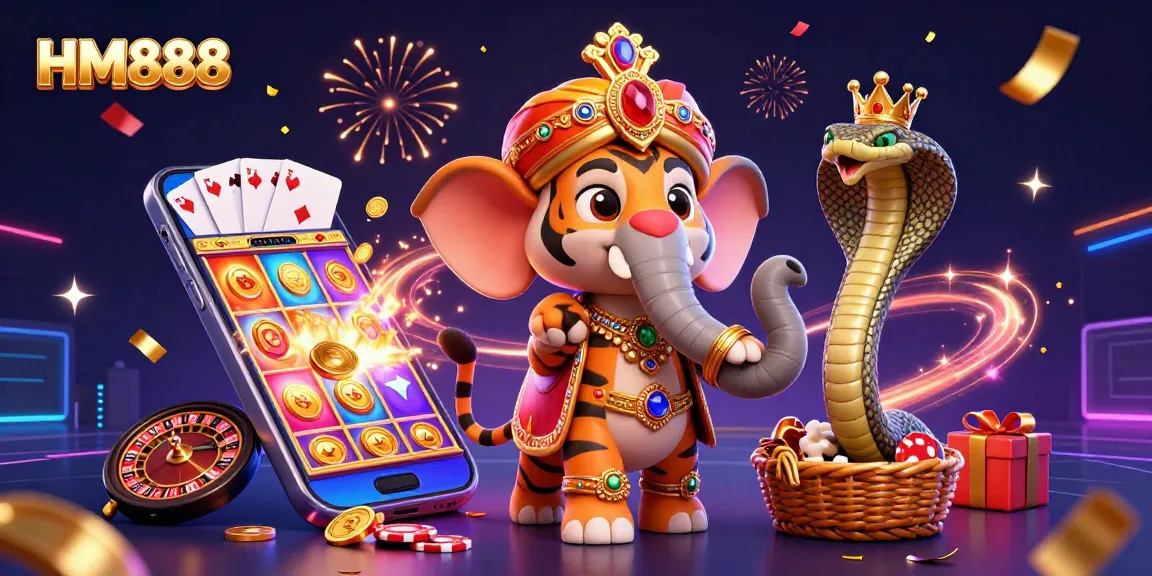 Experience thrilling gaming action with HM888 featuring a maharaja tiger and an elephant in a vibrant casino scene.