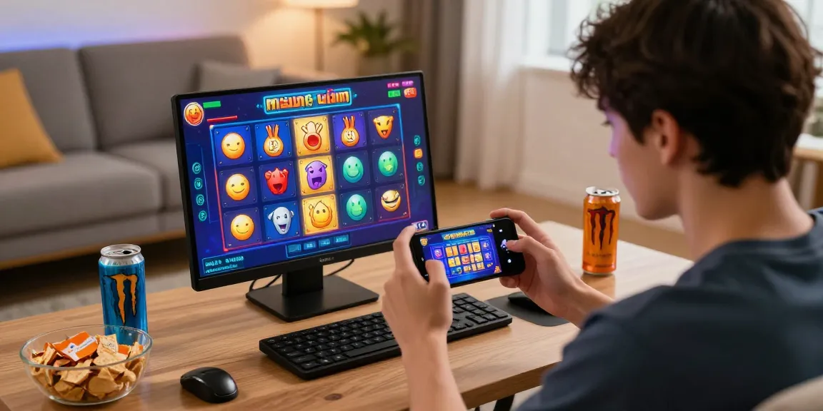 Situs slot deposit 10 ribu in action with a player enjoying online slots in a cozy setup, capturing excitement and engagement.