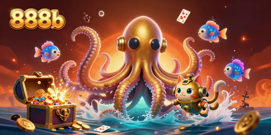 Engage in thrilling action with 888b as a kraken and a diving cat celebrate underwater treasures in a vibrant scene.