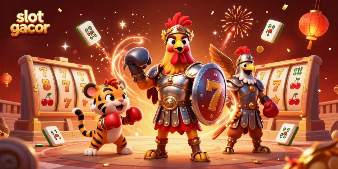 Experience slot gacor fun with a 3D cartoon gladiator rooster and friends in a vibrant casino scene.
