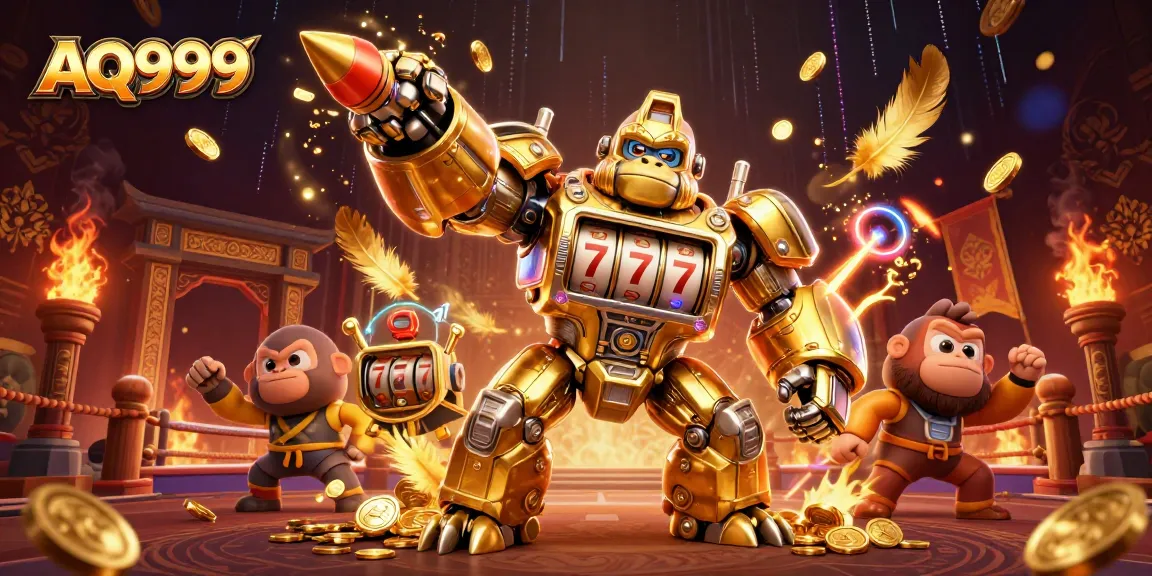 AQ999 casino experience featuring a golden gorilla mech surrounded by vibrant gambling elements