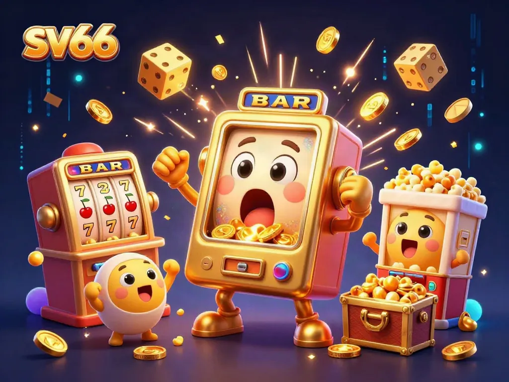 Experience the excitement of sv66 as it celebrates wins with a lively slot machine scene.