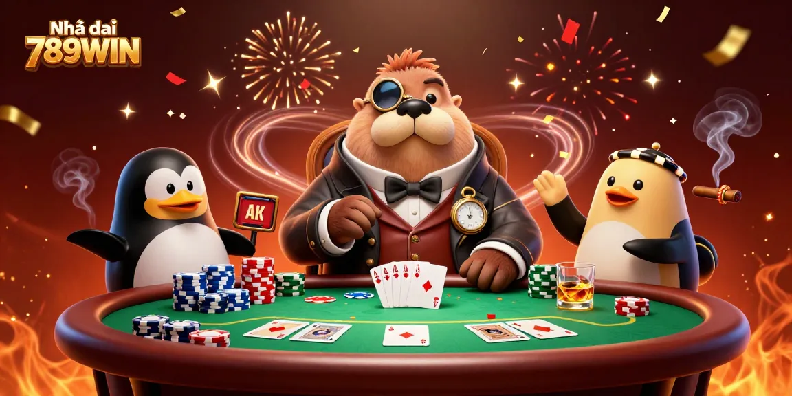 Play poker with renowned Nhà cái 789WIN featuring a playful walrus, penguin dealer, and bluffing pufferfish.