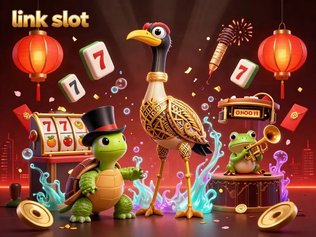 Spin the link slot reels for big wins surrounded by festive casino elements in a vibrant scene.