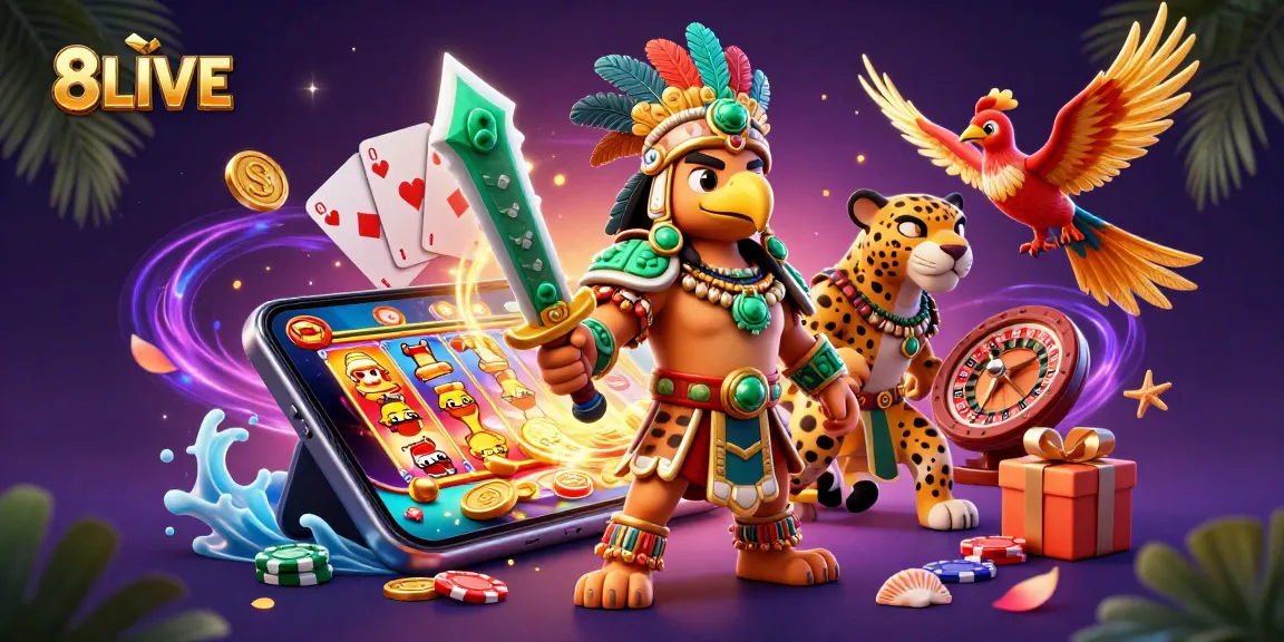 Engage with 8LIVE's colorful slots featuring an Aztec warrior, jaguar, and game elements for thrilling gameplay.