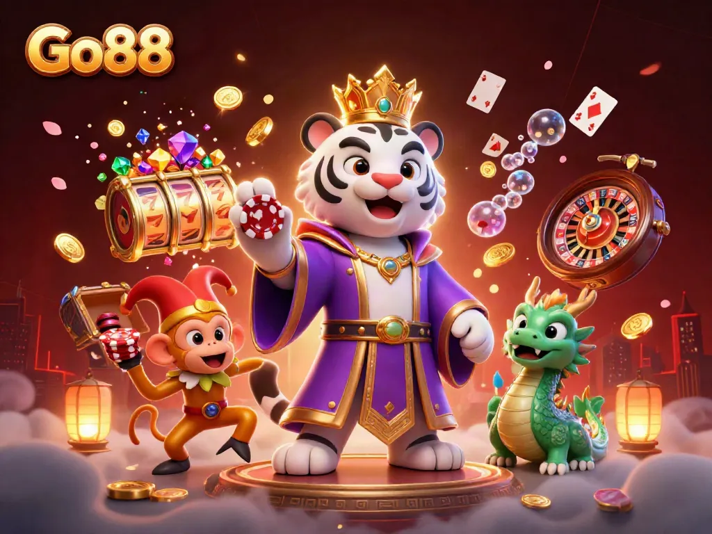 Experience Go88's vibrant casino world with the majestic tiger and lively monkey, bustling with action.
