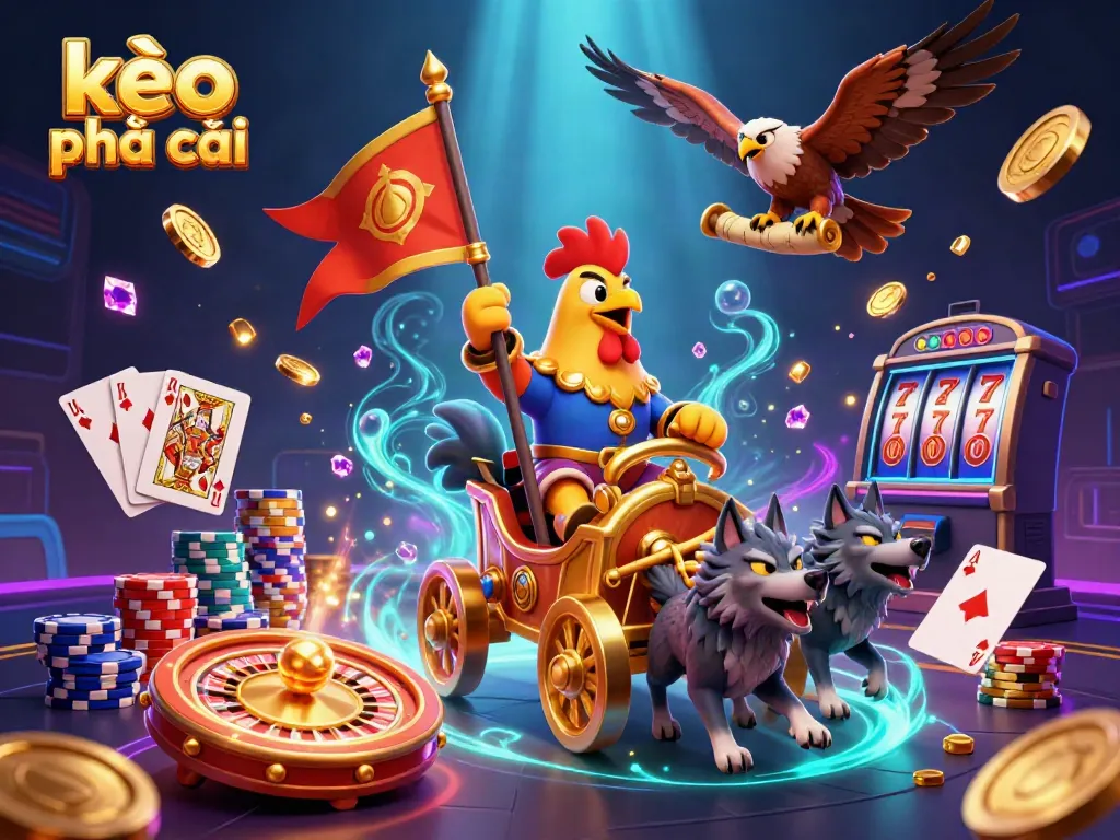 Experience the excitement of kèo nhà cái with a vibrant scene of gaming dynamics featuring a rooster warlord and casino elements.