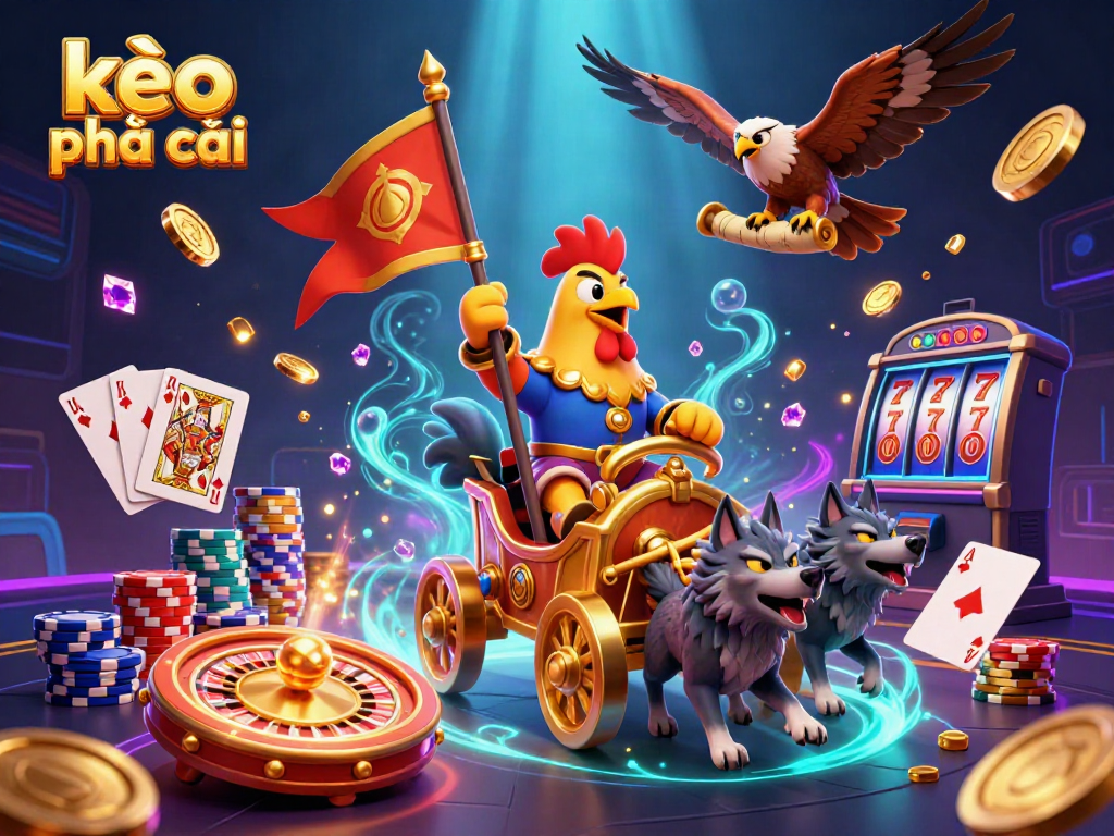 Experience the excitement of kèo nhà cái with a vibrant scene of gaming dynamics featuring a rooster warlord and casino elements.