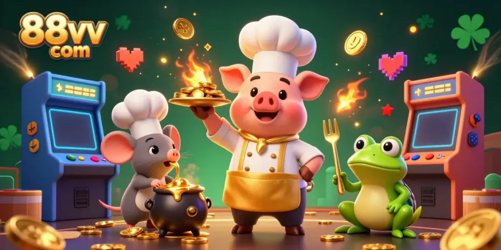 Experience thrilling wins at 88vv com with a colorful casino-themed culinary scene featuring whimsical characters.