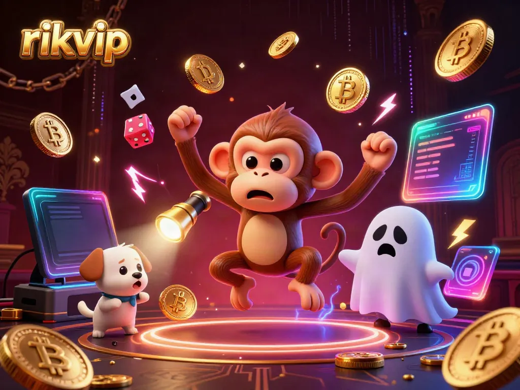 Experience thrilling gameplay at rikvip with a haunting scene featuring a mischievous monkey and a ghost-hunter puppy in a casino.