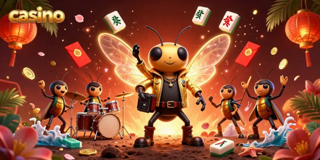 Engaging casino scene with a cicada rock star, a beetle drummer, and lively floating game elements.