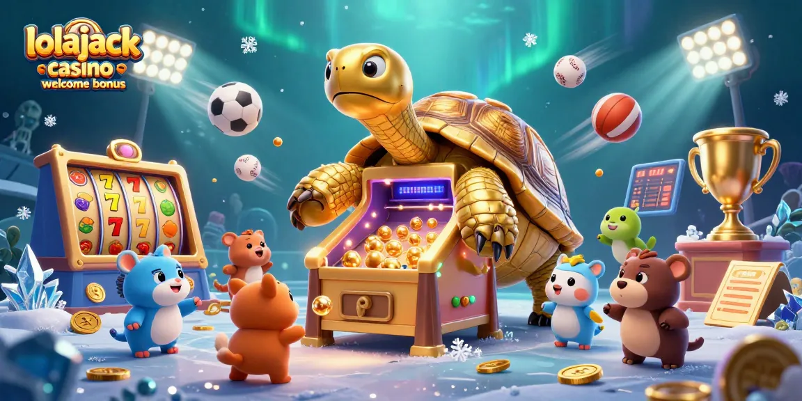 Join the fun at lolajack casino welcome bonus showcasing the colossal tortoise and festive gaming environment.