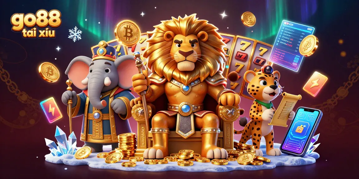 Experience the excitement of go88 tài xỉu with a vibrant 3D casino illustration depicting a lion king enthroned among winnings.