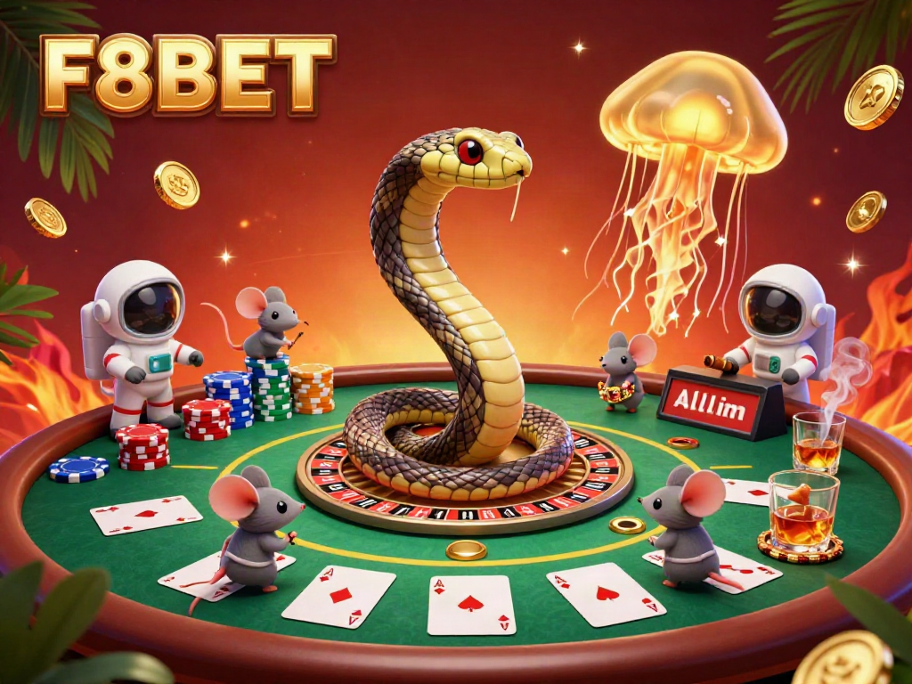 Experience the thrilling gaming energy of F8BET with vibrant, dynamic characters around a roulette scene.