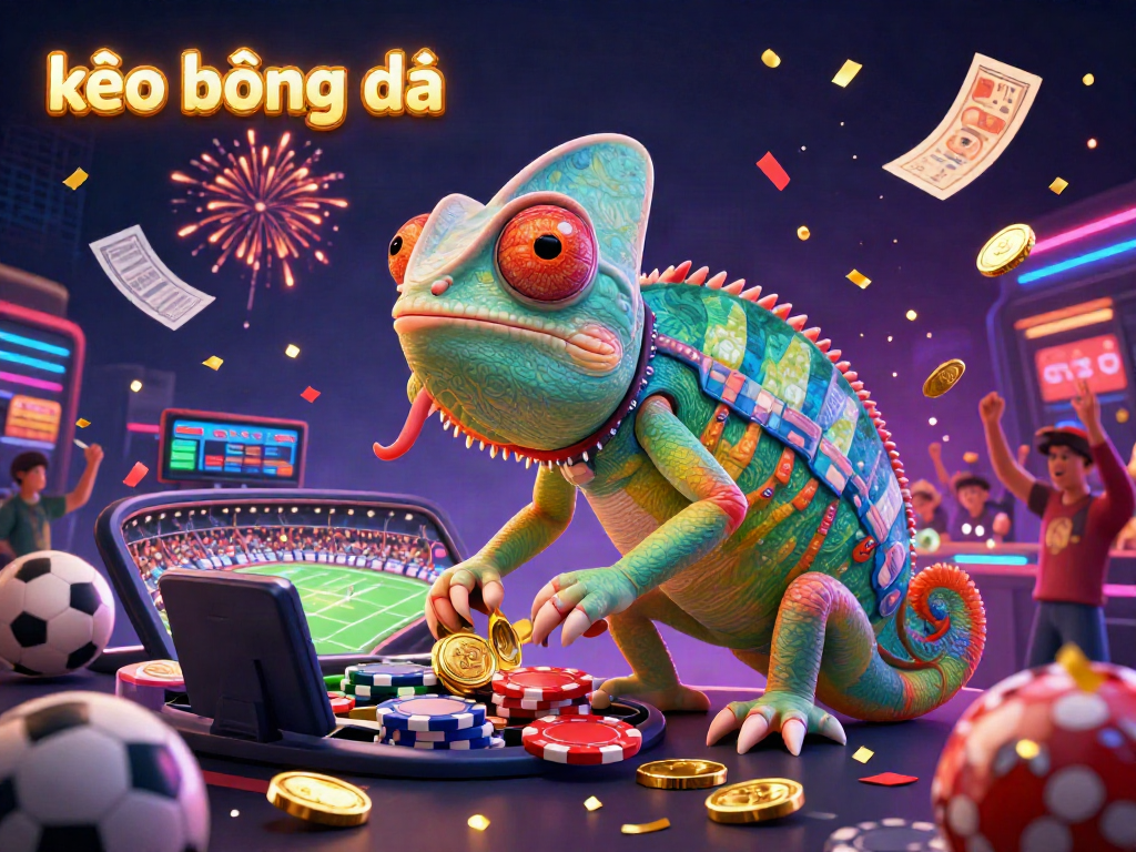 Experience the excitement of kèo bóng đá betting with a colorful chameleon casino owner in a vibrant scene filled with sports balls and confetti.