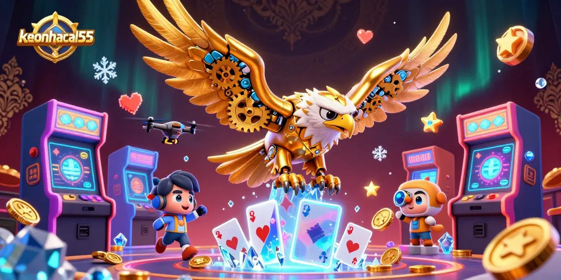 Experience thrilling gameplay with keonhacai55 as a cybernetic golden eagle dives through holographic cards.