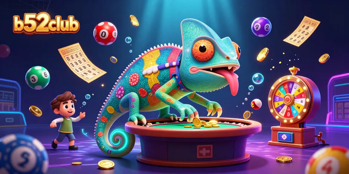 b52club's dynamic casino scene featuring a chameleon owner amidst vibrant gaming elements and action.