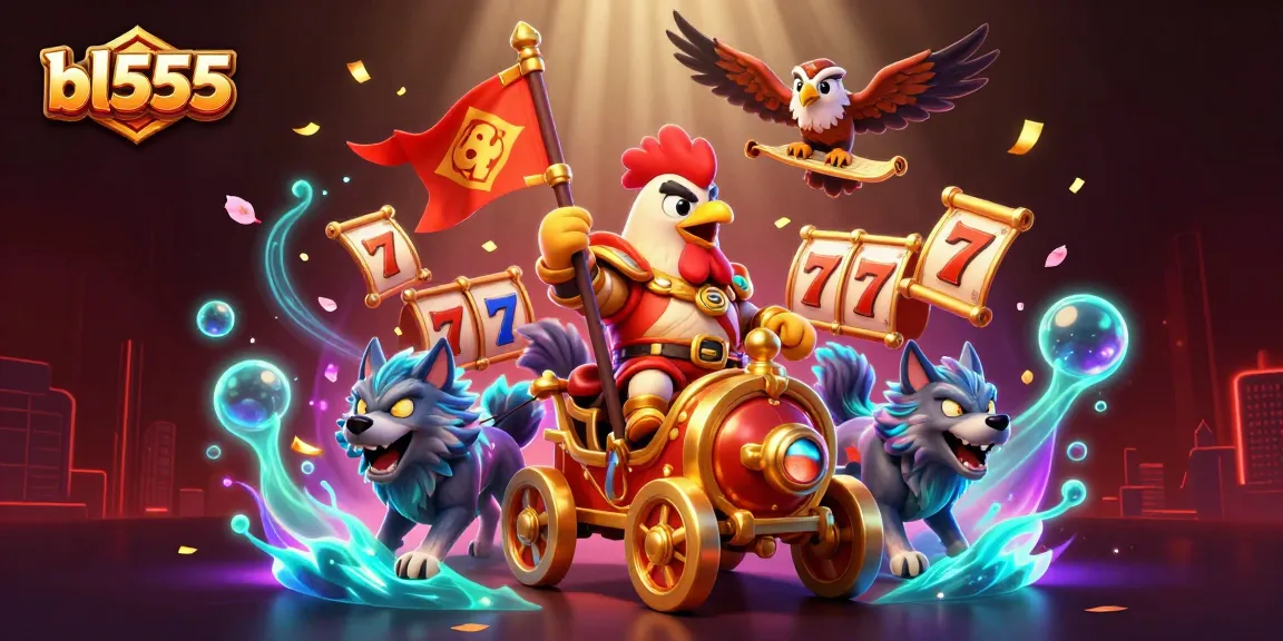 Experience thrilling slots at bl555 with a cartoon rooster warlord in a vibrant casino scene.