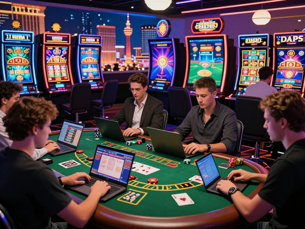 A diverse group of players enjoying exciting games at USA online casinos for UK players at https://aboutobo.com, showcasing a vibrant digital gaming atmosphere.