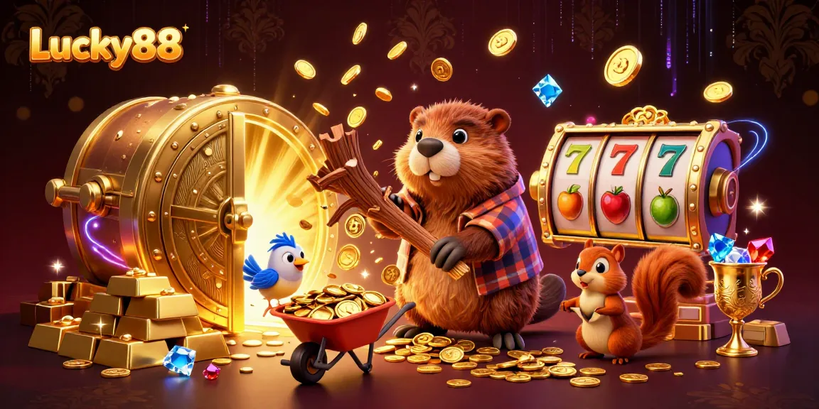 Win big with Lucky88 slot's exciting features, illustrated by cartoon characters in a gold-rich setting.
