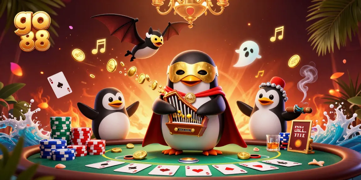 Experience excitement at go 88 with a captivating illustration of a gaming scene featuring golden coins, poker elements, and rich details.