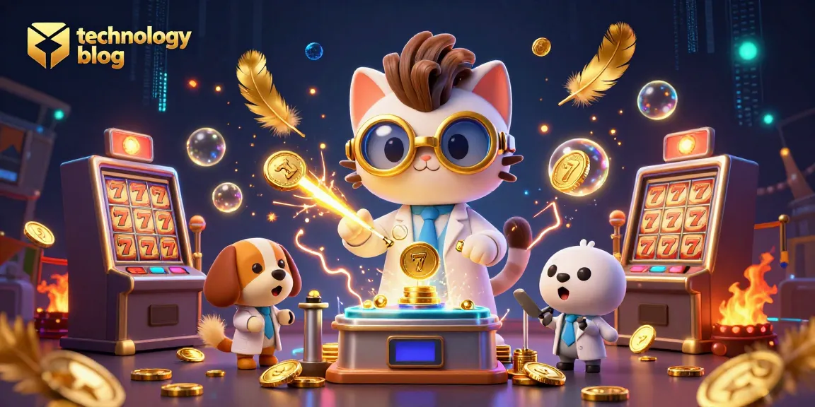 Experience the vibrant action of a technology blog featuring a mad scientist cat and loyal dog in an exciting casino scene.