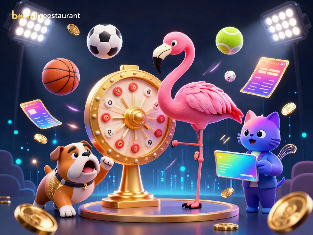Experience the thrill of broshrestaurant with a game show scene featuring vibrant characters, sports elements, and dynamic energy.