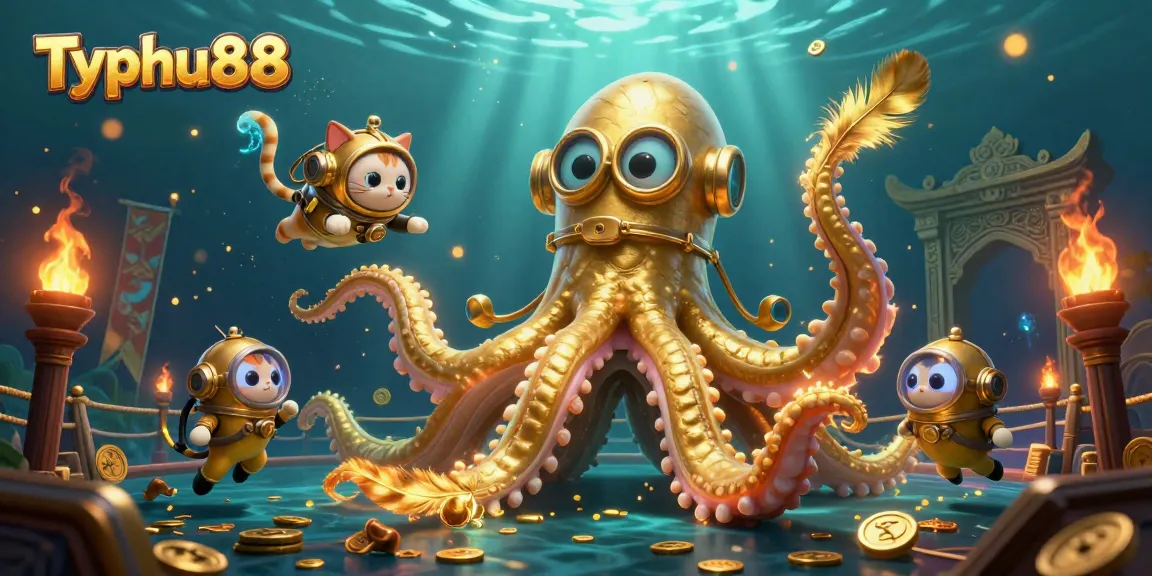 Engage with Typhu88's vibrant online gaming adventure featuring a kraken and a diving cat.