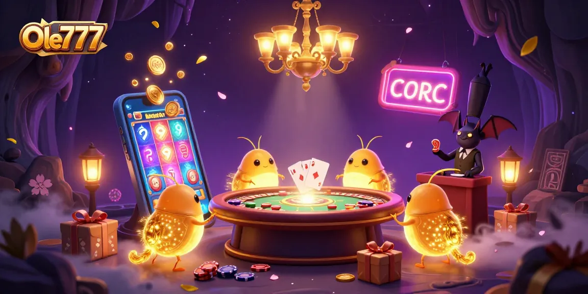 Experience engaging gameplay at Ole777, highlighted by a lively team of glowworms and captivating casino elements.