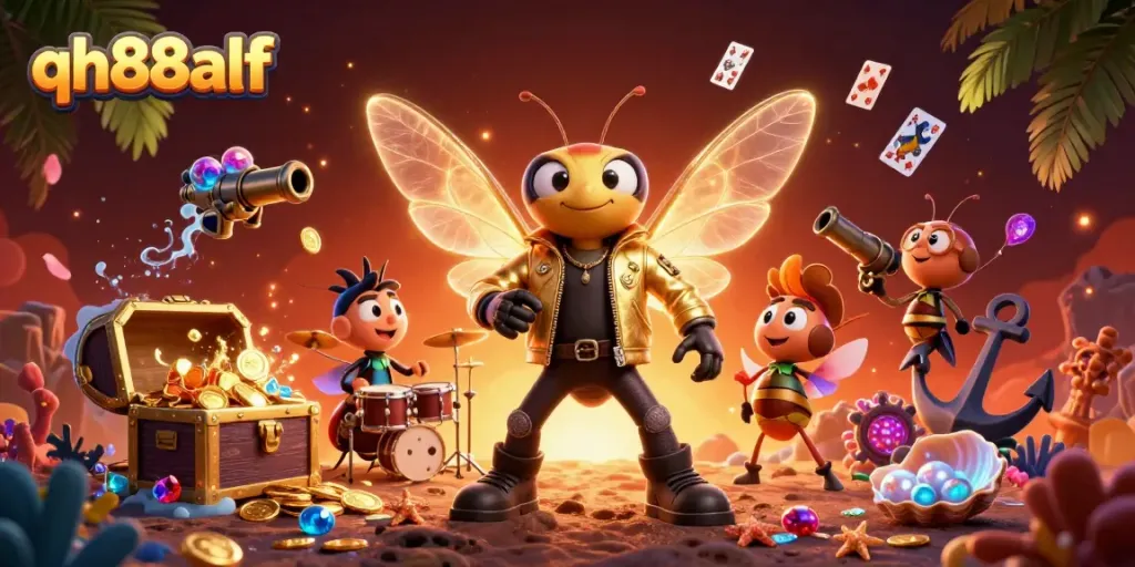 Join the fun with qh88alf as a vibrant rock star cicada takes the stage surrounded by treasure and game elements.