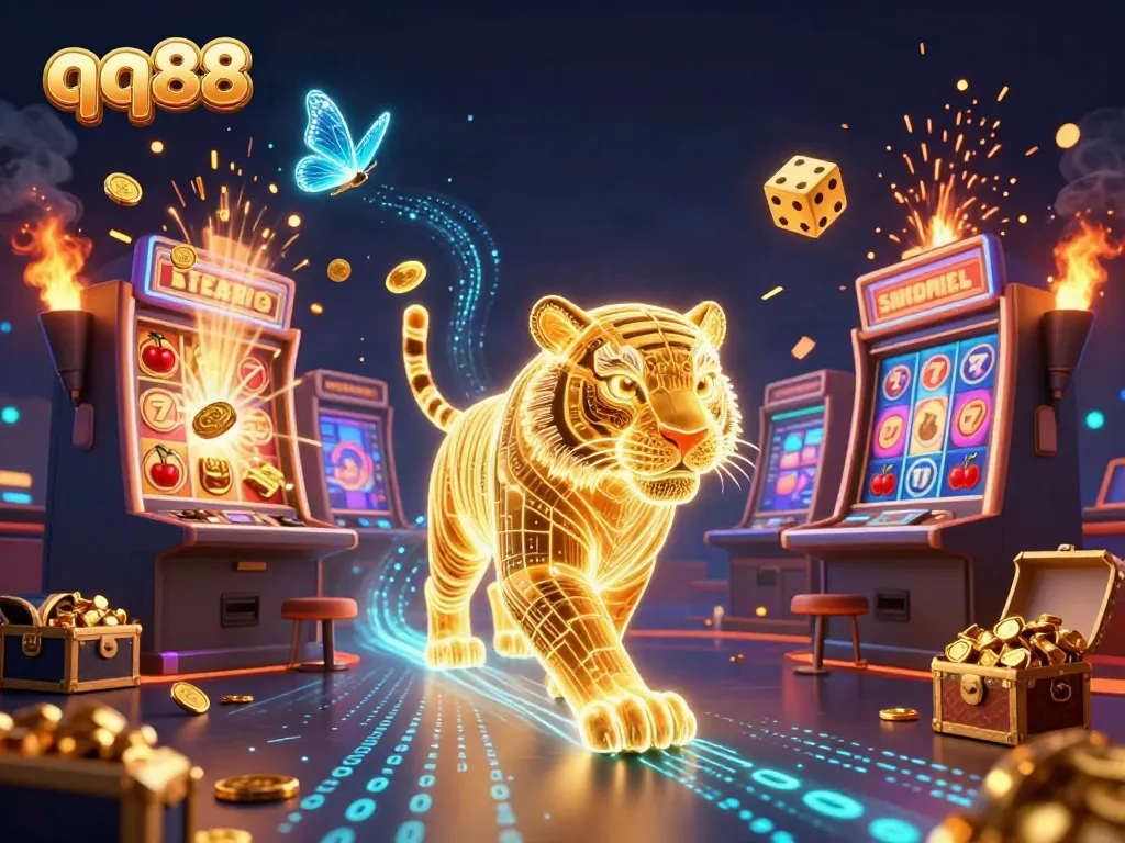 Engage in thrilling gaming at qq88, where a golden tiger and dazzling displays illuminate a digital casino.