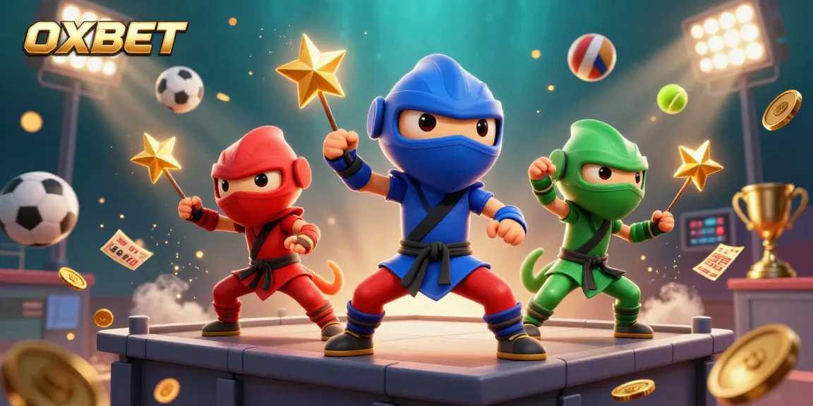 OXBET ninjas engaging in dynamic betting scene with sports elements and vibrant visuals.