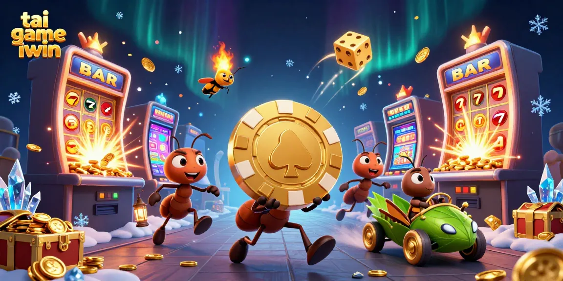 Join the adventure in tai game iwin as ants transport giant poker chips amidst cascading casino treasures.